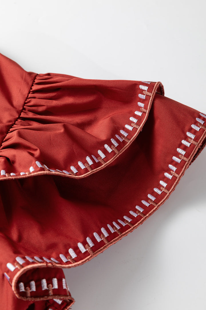 Clay Contrast Trim Flutter Sleeve V Neck Blouse