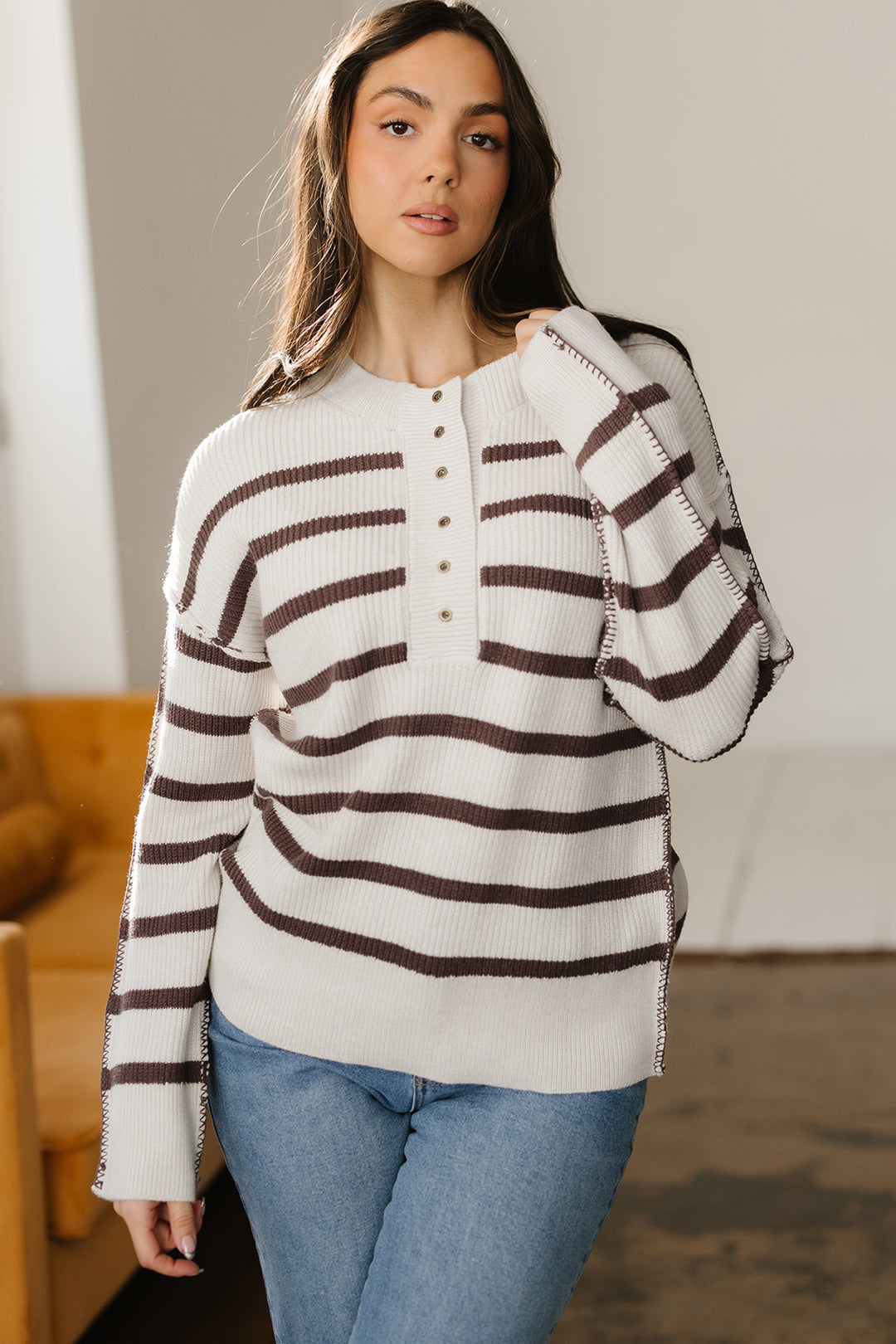 Brown Stripe Ribbed Henley Drop Shoulder Slouchy Sweater