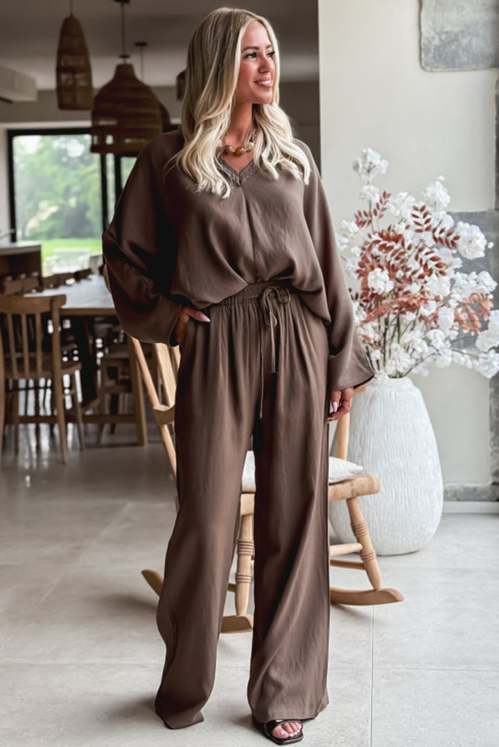Dark Brown Braided V Neck Long Sleeve Loose Top and Drawstring High Waist Pants 2pcs Outfit