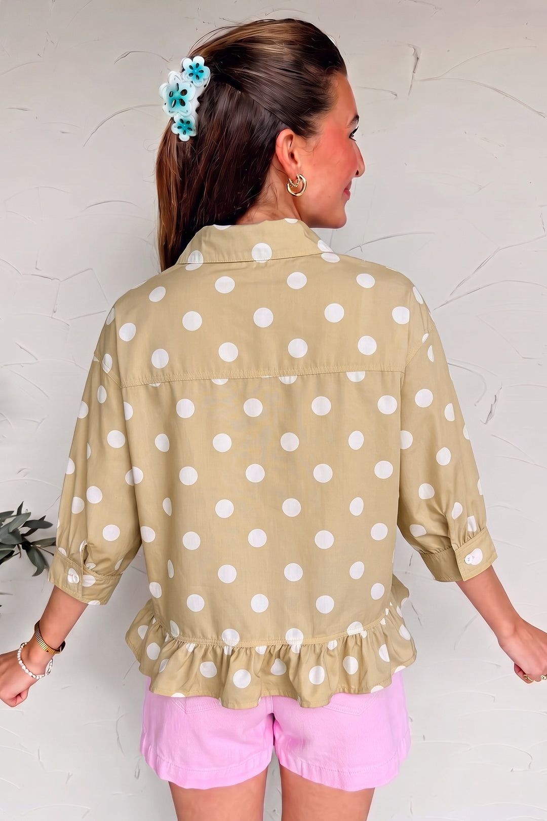 White Polka Dot Print Three Quarter Sleeve Ruffle Hem Casual Shirt