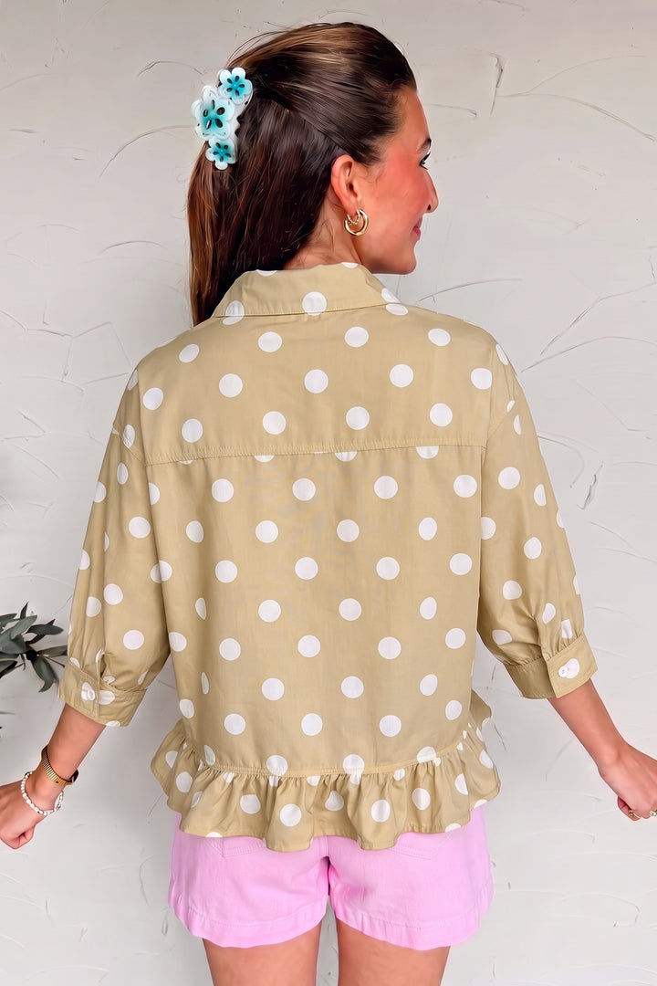 White Polka Dot Print Three Quarter Sleeve Ruffle Hem Casual Shirt