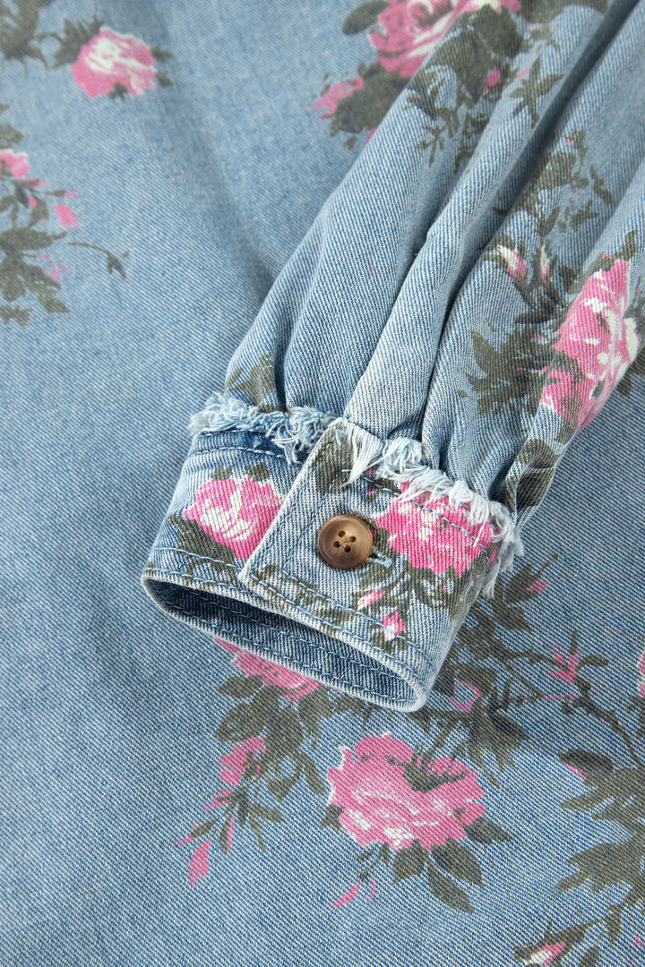 Sky Blue Floral Print Raw Seam Ruffle Hem Denim Jacket