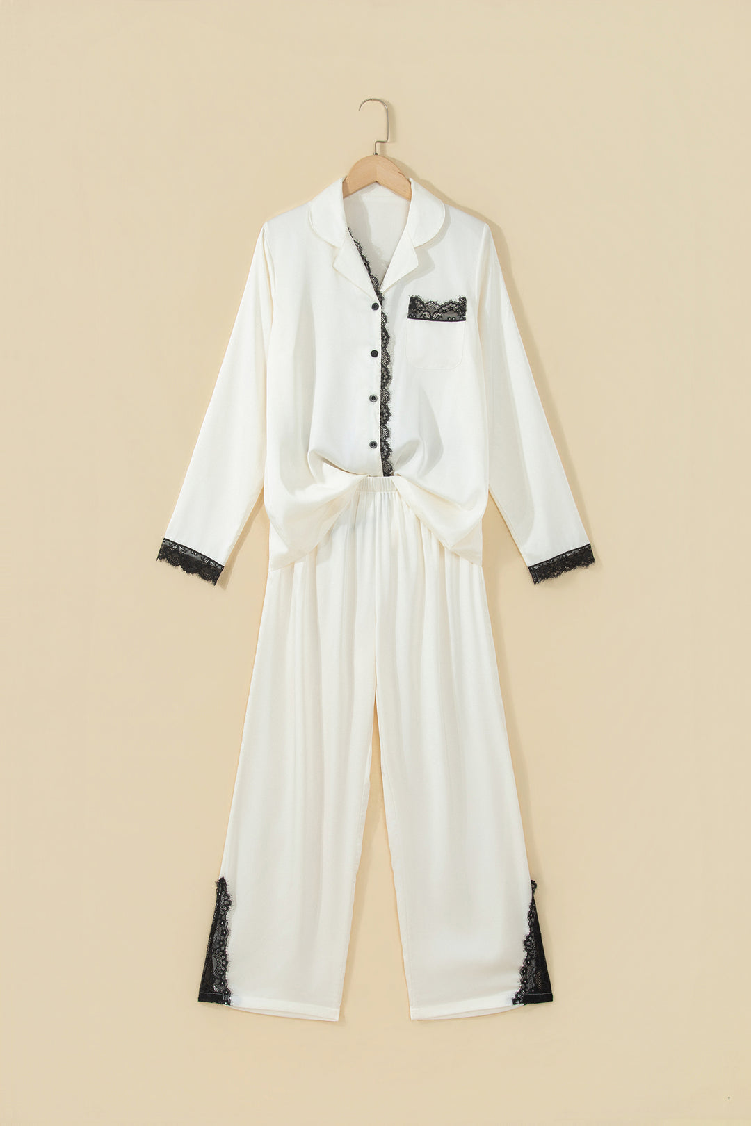 White Long Sleeve Lace Trim Button Front 2pcs Pajama Set