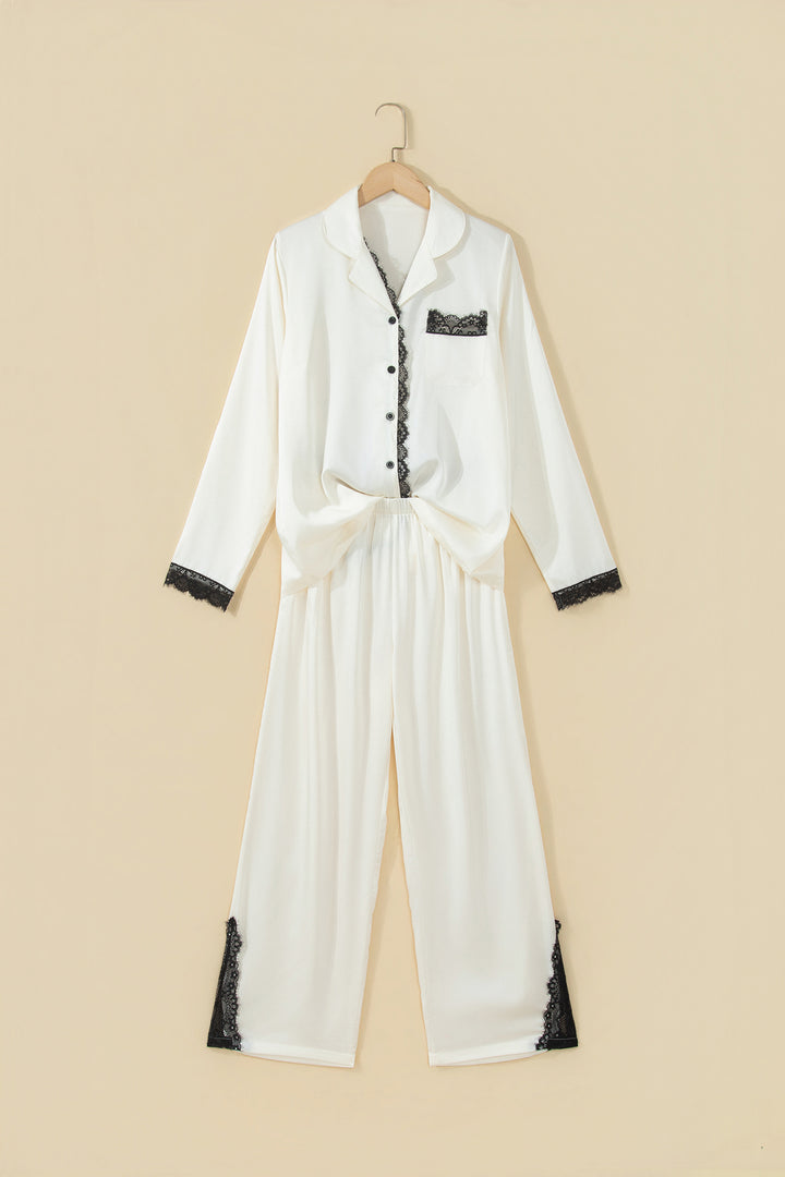 White Long Sleeve Lace Trim Button Front 2pcs Pajama Set