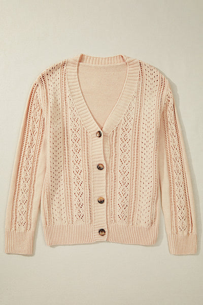 Beige Open Knit Drop Shoulder Sweater Cardigan