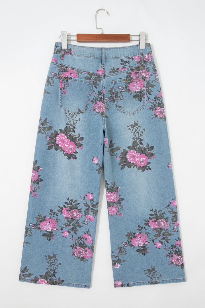 Sky Blue Garden Floral Print Bootcut Jeans
