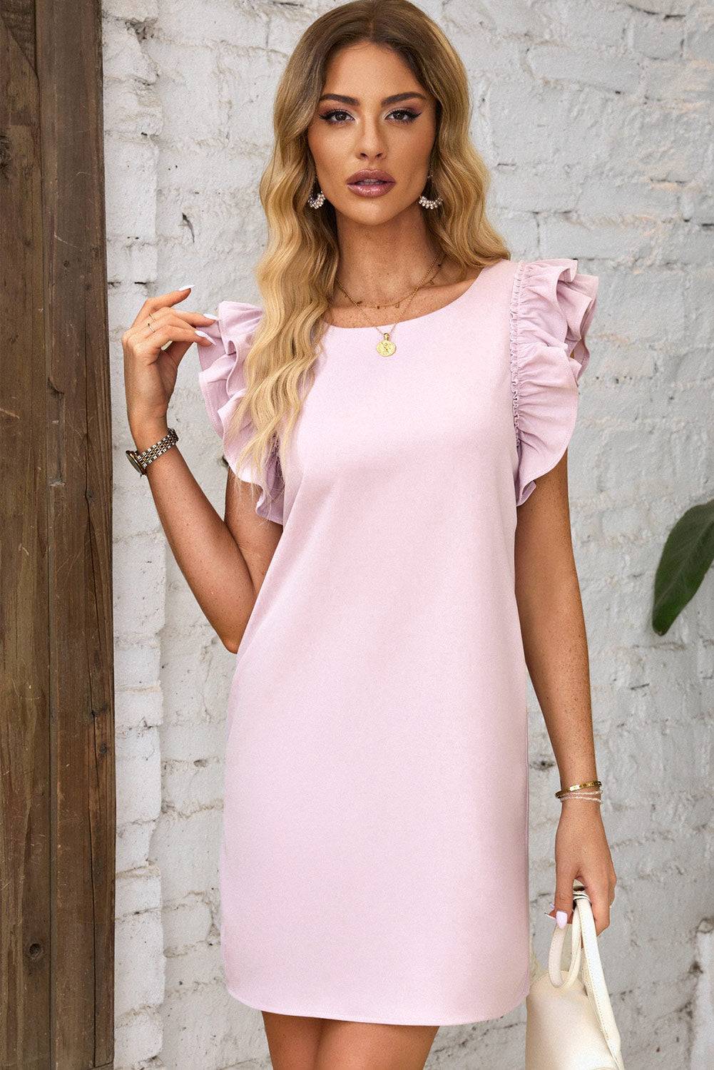 Pink Round Neck Ruffle Shift Mini Dress