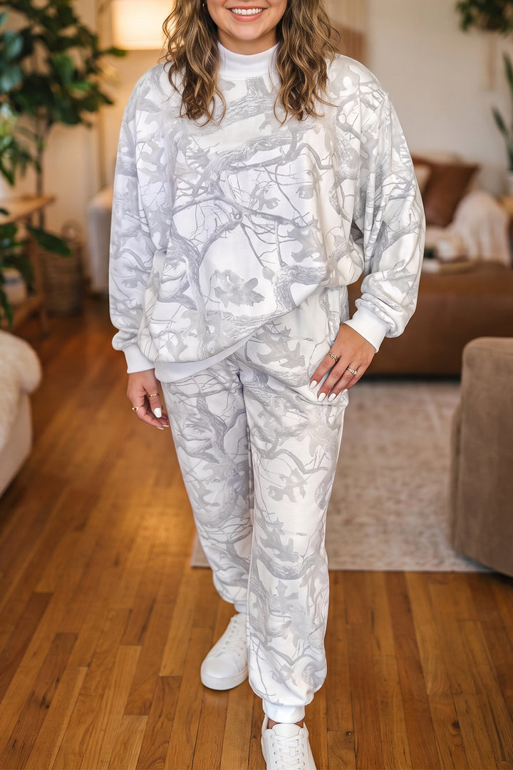 Gray Camouflage Print Stand Neck Long Sleeve Regular Fit Plus Size Set