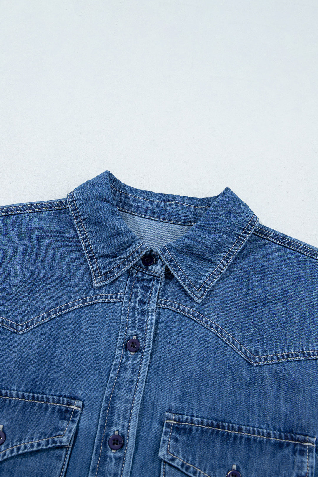 Sail Blue Western Patch Pockets Tunic Length Long Sleeve Denim Shirt