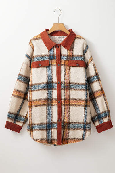 Brown Stripe Plus Size Plaid Print Collared Buttoned Jacket