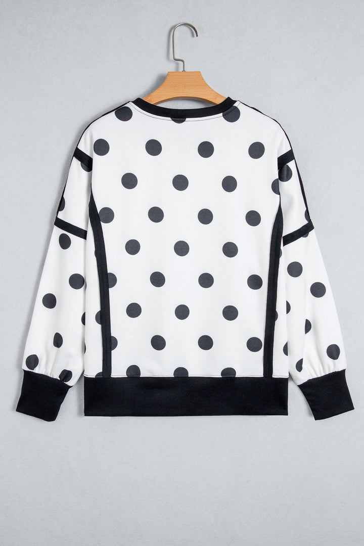 White Polka Dot Contrast Patchwork Round Neck Baggy Sweatshirt