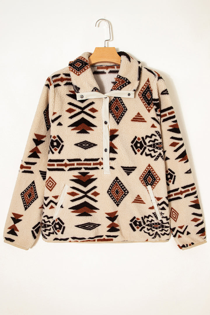 Black Western Aztec Half Placket Plush Sweatshirt