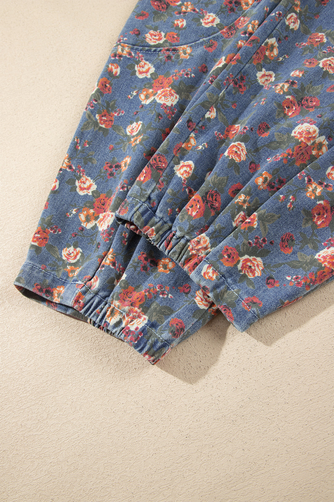 Beau Blue Retro Floral Print Elastic Waist Pocketed Barrel Jeans