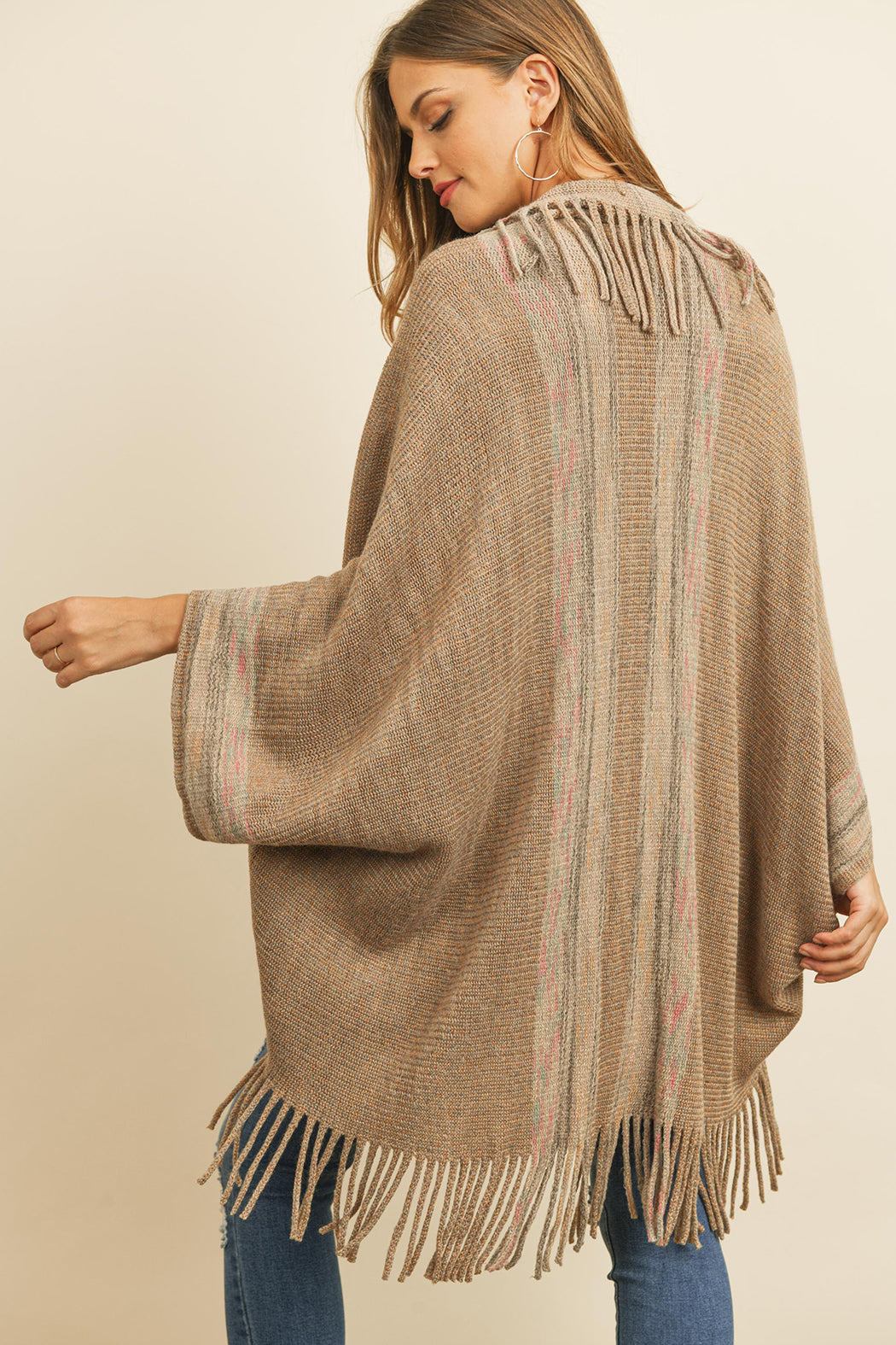 Fringe Stripe Open Front Kimono