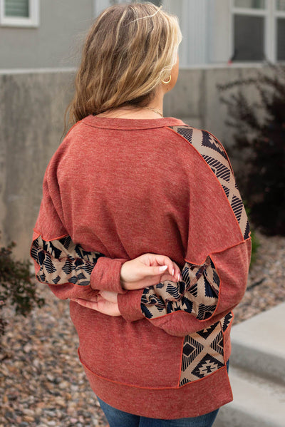 Redwood Burl Aztec Patchwork Drop Shoulder Plus Size High Low Sweatshirt