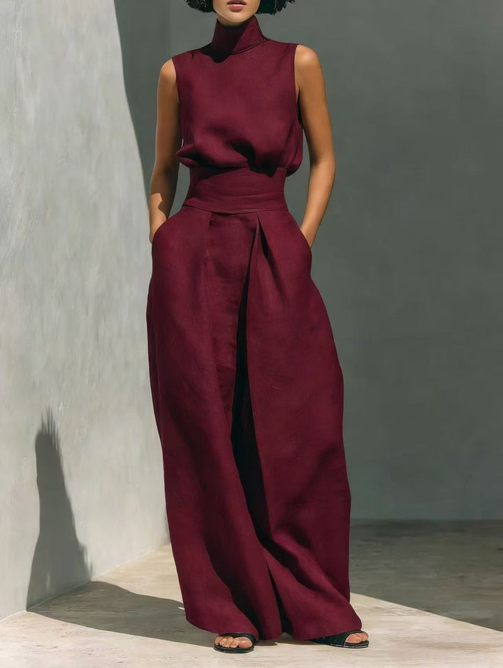 Women’s Cotton Linen Two-Piece Set – Sleeveless Top &amp; Wide-Leg Pants