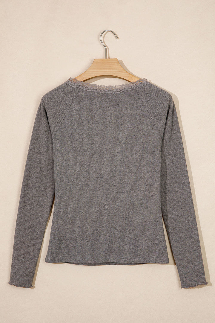 Medium Grey Solid Color Ribbed Lace Trim V-Neck Button Detail Long Sleeve Top