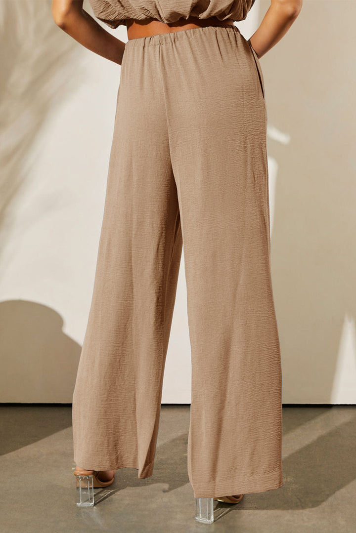 Pale Khaki Solid Color Keyhole Puffy Tank Drawstring Loose Pants 2pcs Outfit