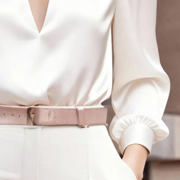Women’s Satin V-Neck Long Sleeve Top – Slim Fit Solid Color Blouse