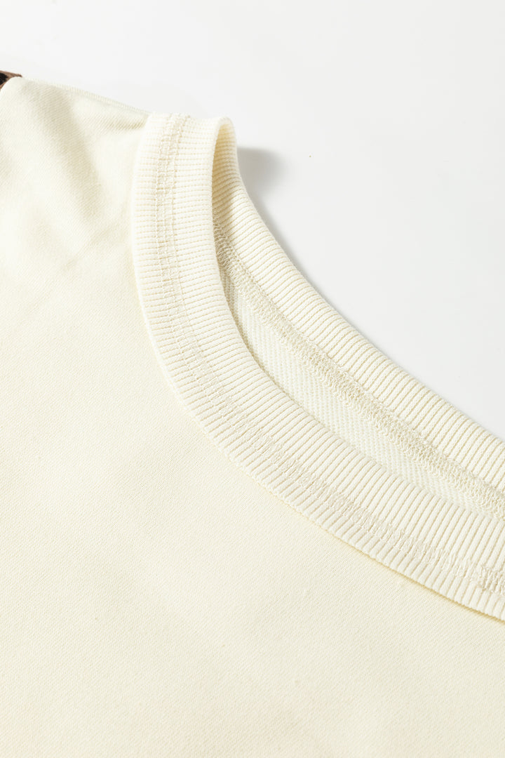 Beige Raw Seam Color Block Leopard Patchwork Baggy Long Sleeve Top