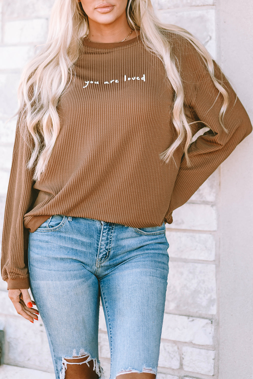 Khaki You Are Loved Print Corduroy Sweatshirt