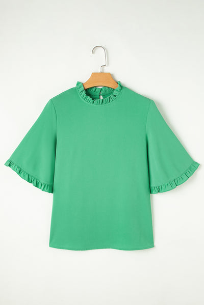 Frill Round Neck Wide Half Sleeve Blouse