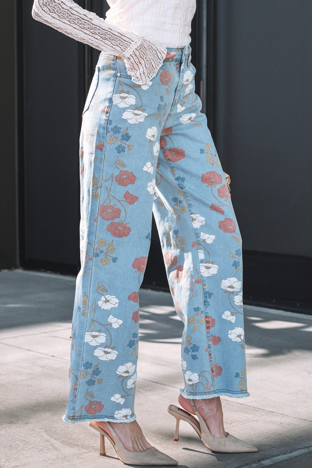 Sky Blue Floral Printed Raw Hem Shift Jeans