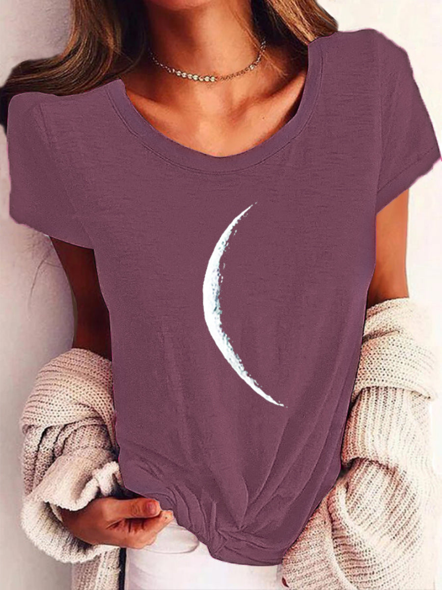 Wide Collar Printed T-Shirt – Casual Short Sleeve Top for Women