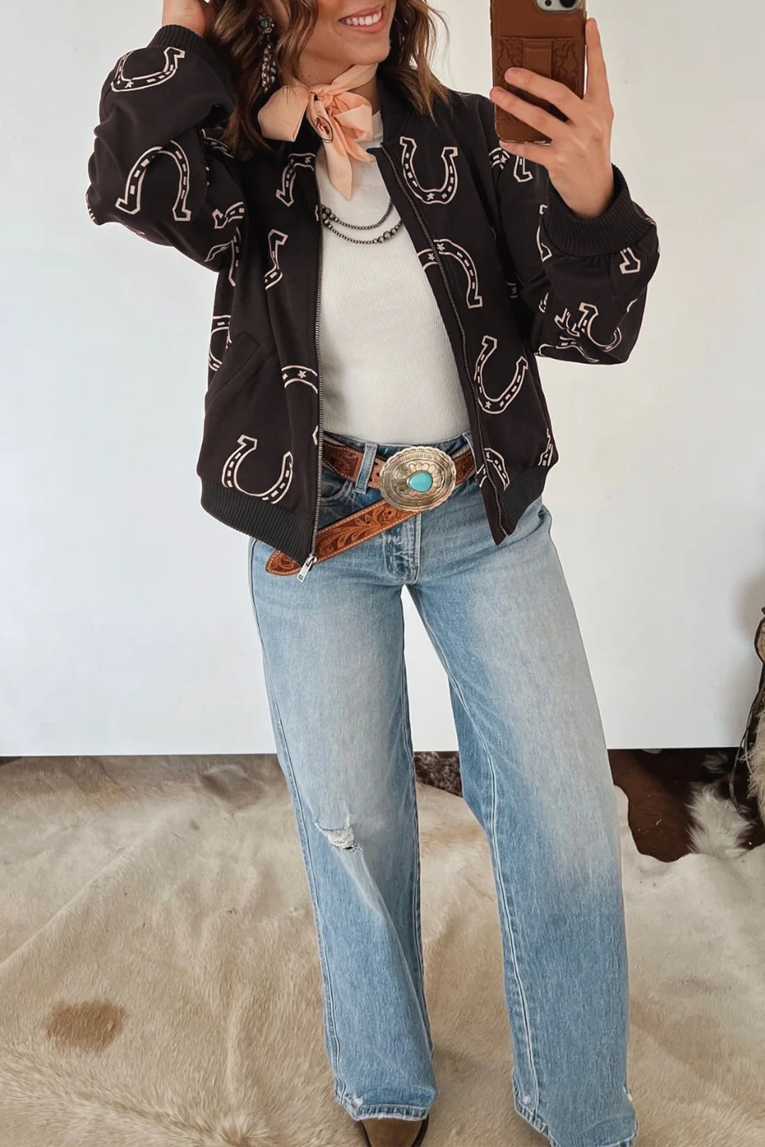 Brown Western Horseshoe Print Zipper Pocket Shift Jacket