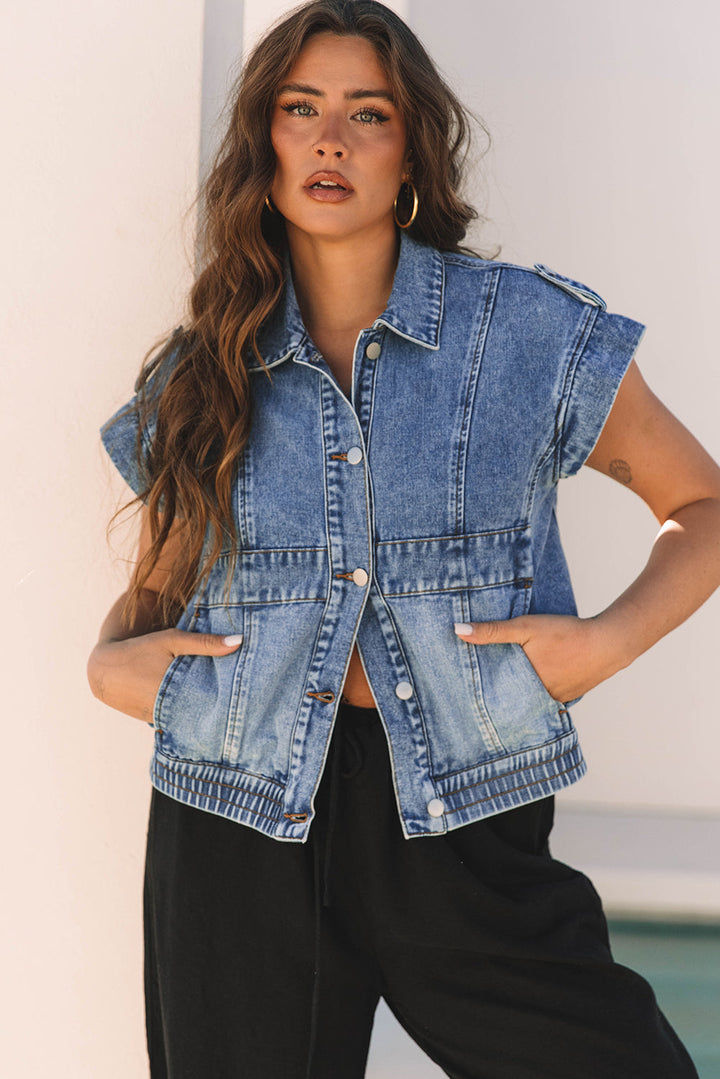 Nora Blue Acid Wash Elastic Hem Button Up Denim Vest