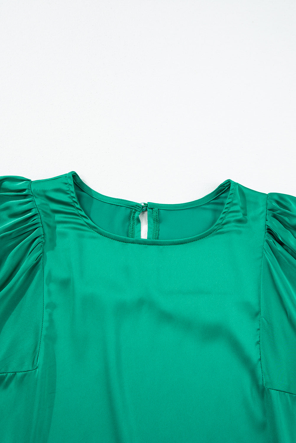 Green Satin Puff Long Sleeve Crewneck Blouse