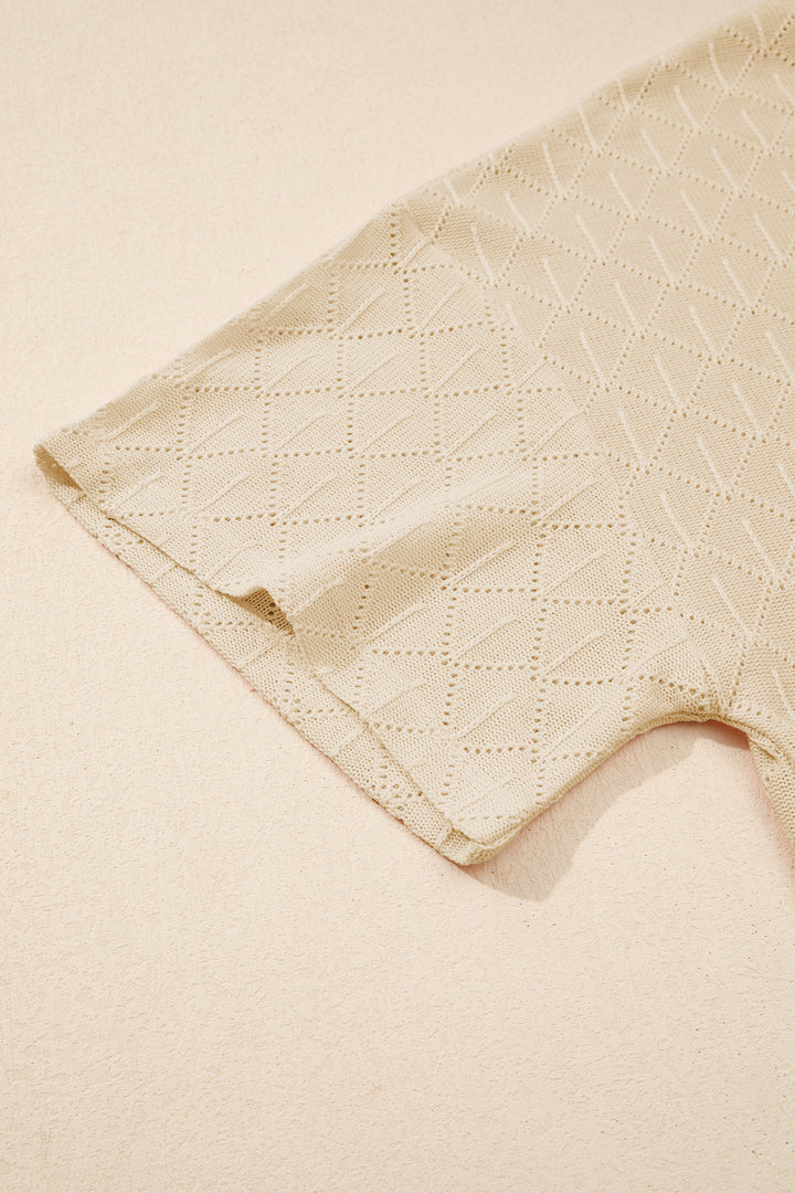 Golden Fleece Pointelle Rhombus Knit Plus Size V Neck Loose Top