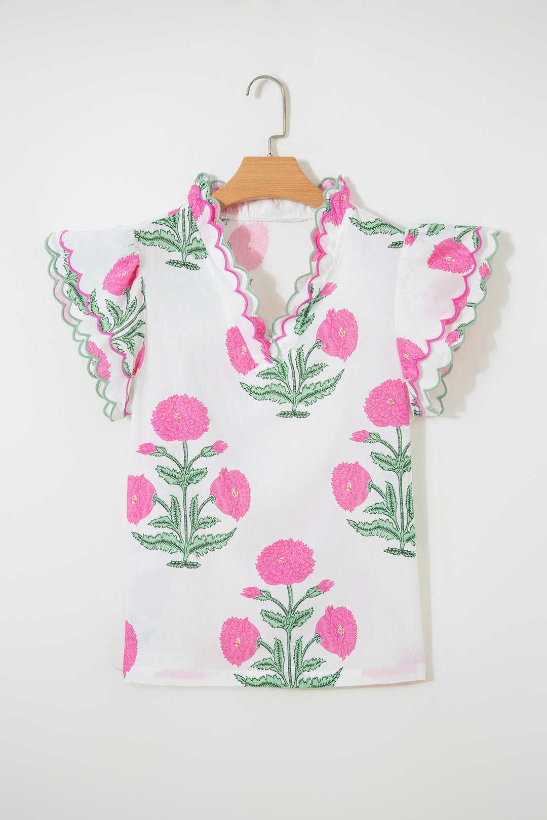 Pink Wild Flower Print Contrast Trim Scallop Detail Short Sleeve Blouse