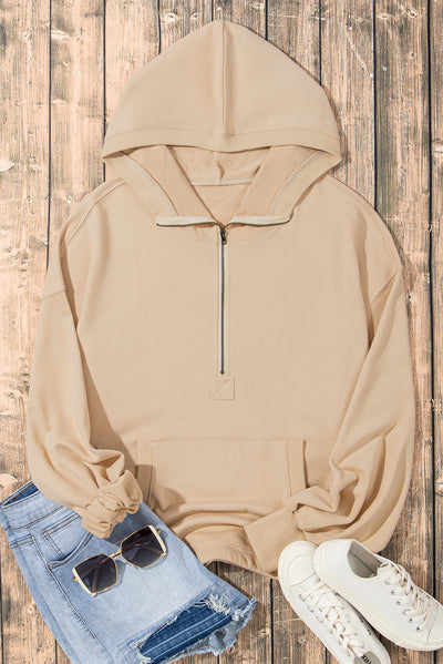 Parchment Solid Kangaroo Pocket Half Zipper Oversized Hoodie