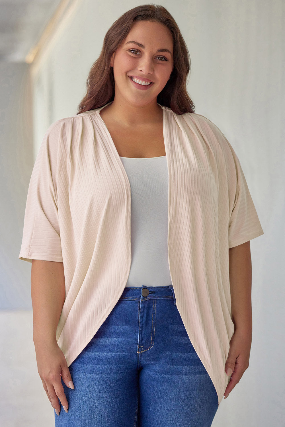 Apricot Shimmer Ribbed Texture Plus Size Cardigan