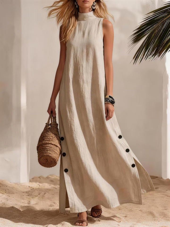 Cotton Linen Sleeveless Midi Dress – Side Slits &amp; Loose Fit