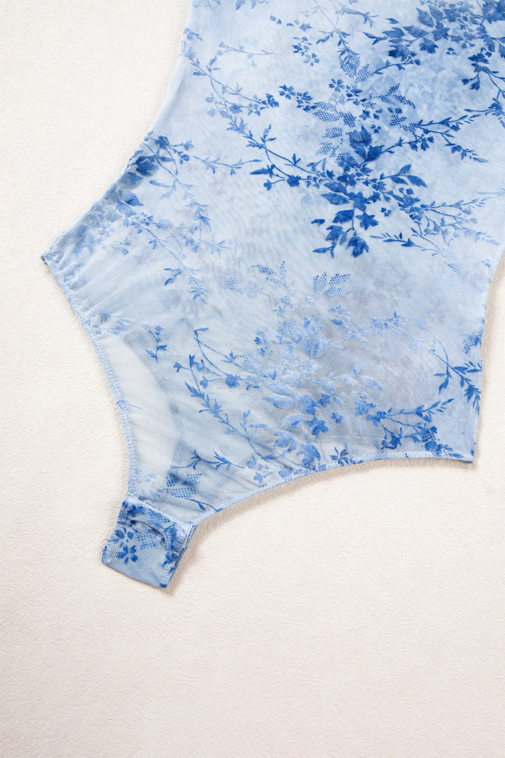 Sky Blue Sheer Mesh Floral Printed Mock Neck Long Sleeve Bodysuit