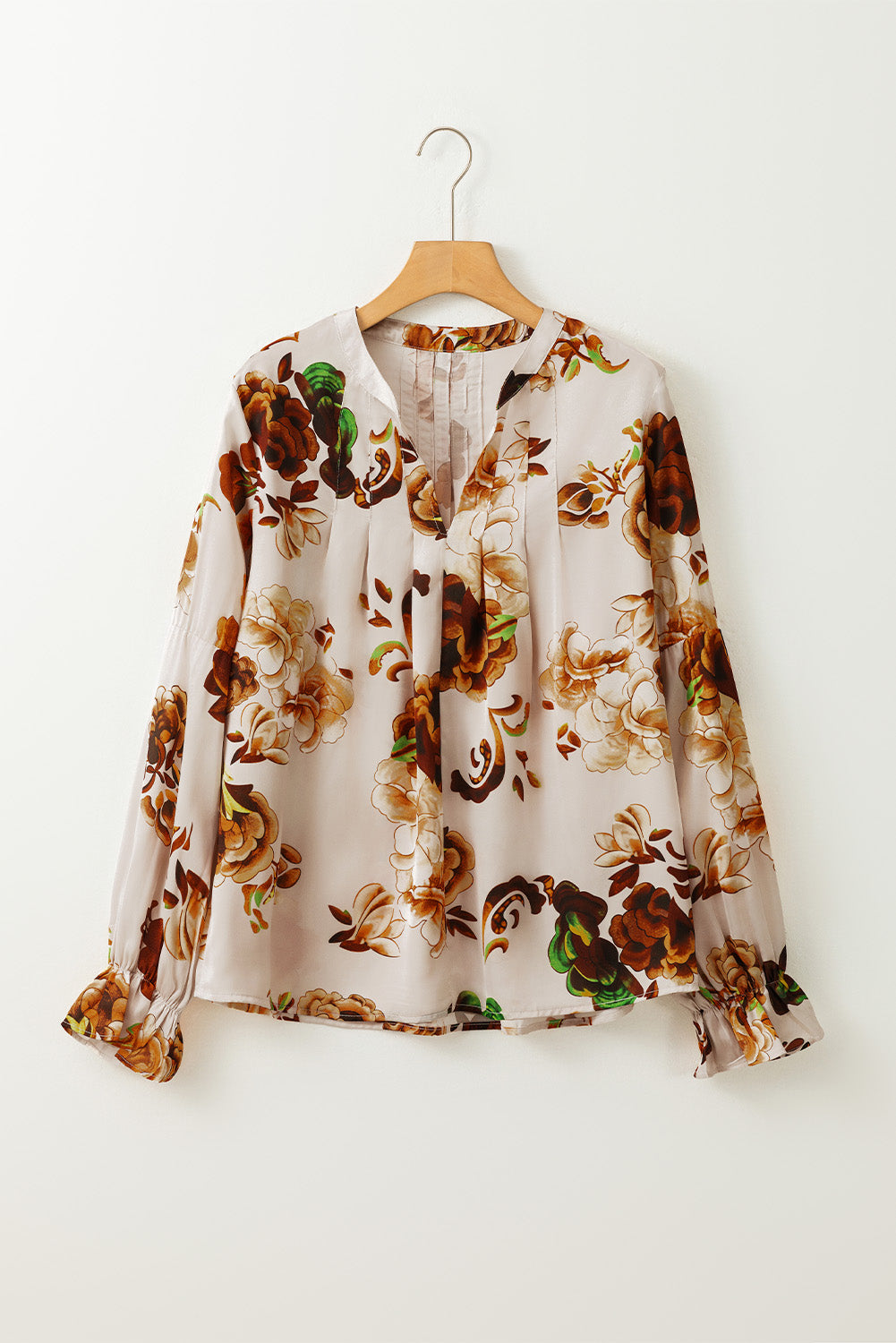 Apricot Gorgeous Floral Split Neck Flounce Sleeve Blouse