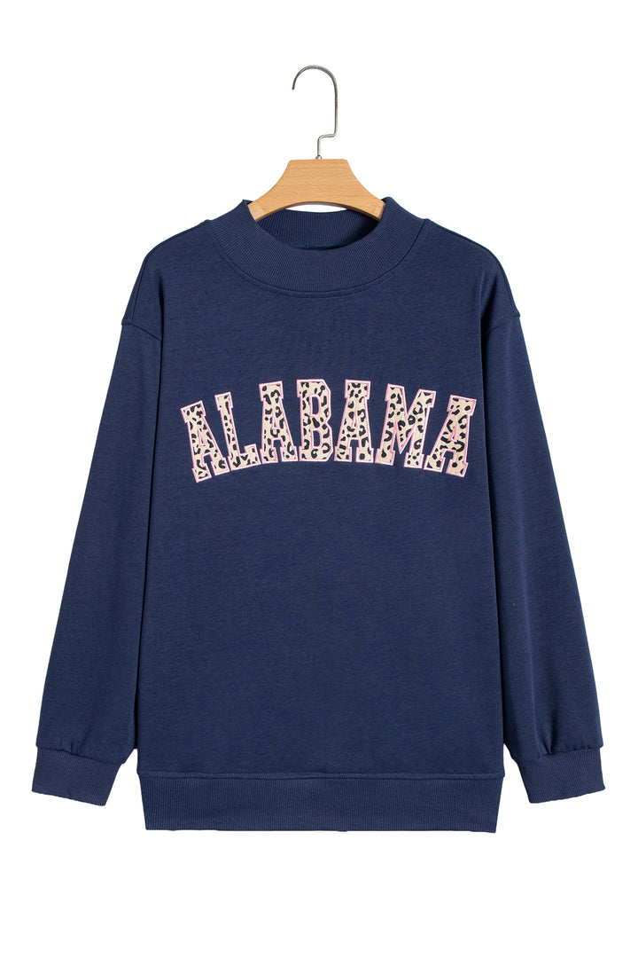 Dirty blue Embroidered Leopard Alabama High Neck Long Sleeve Tunic Sweatshirt