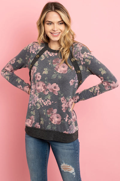 Button Detail Long Sleeved Floral Print Top