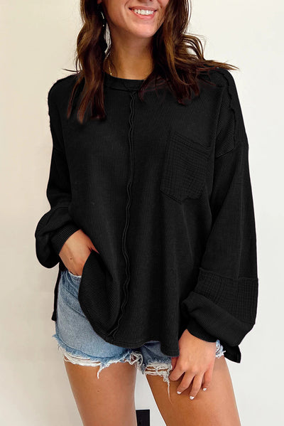 Black Exposed Seam Patchwork Bubble Sleeve Waffle Knit Top