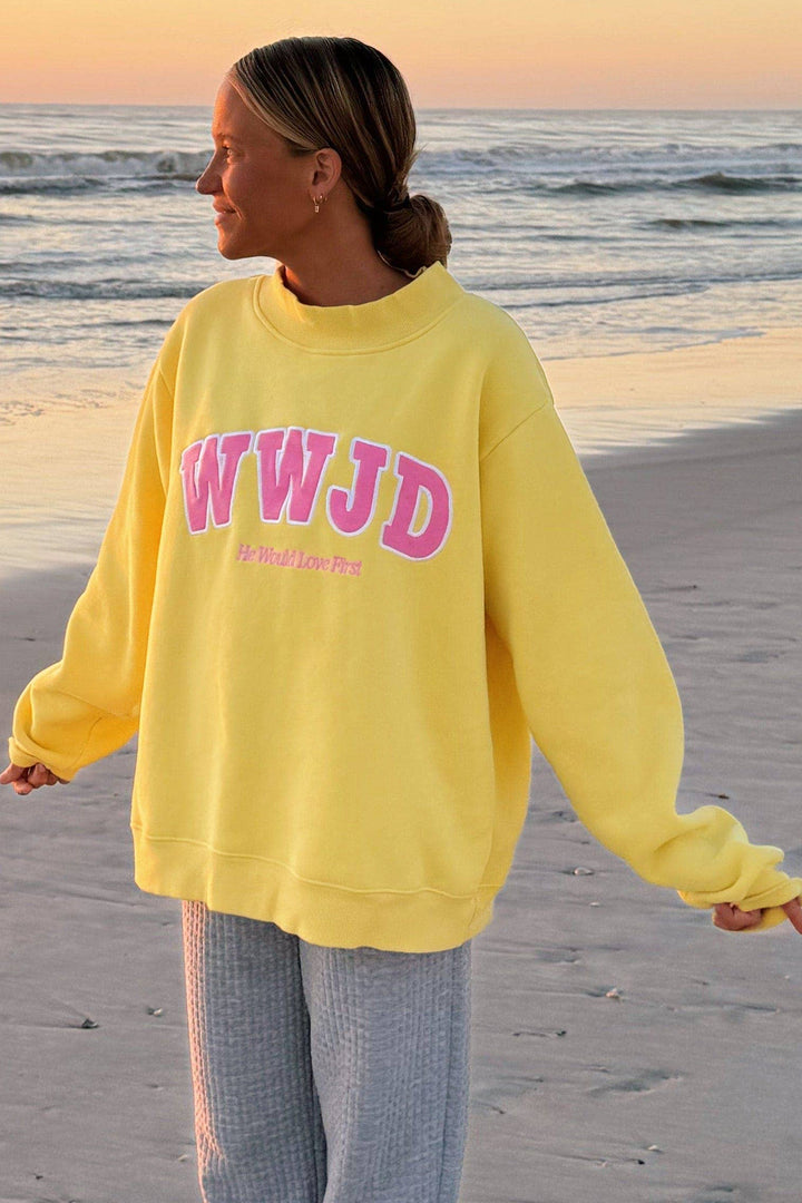 Pink WWJD Embroidered Trim Slogan Graphic Mock Pullover Sweatshirt