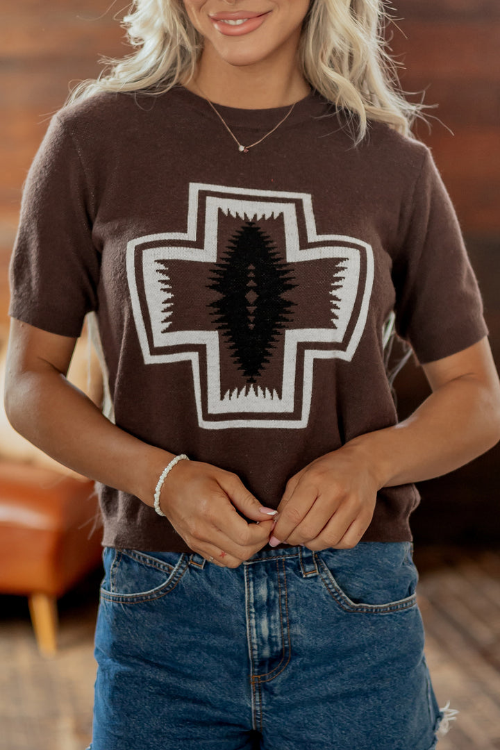 Brown Western Print Short Sleeve Knit Casual Sweater