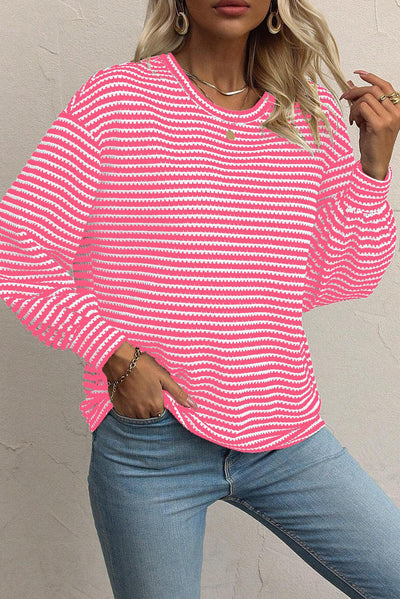 Rose Stripe Round Neck Drop Shoulder Long Sleeve Top