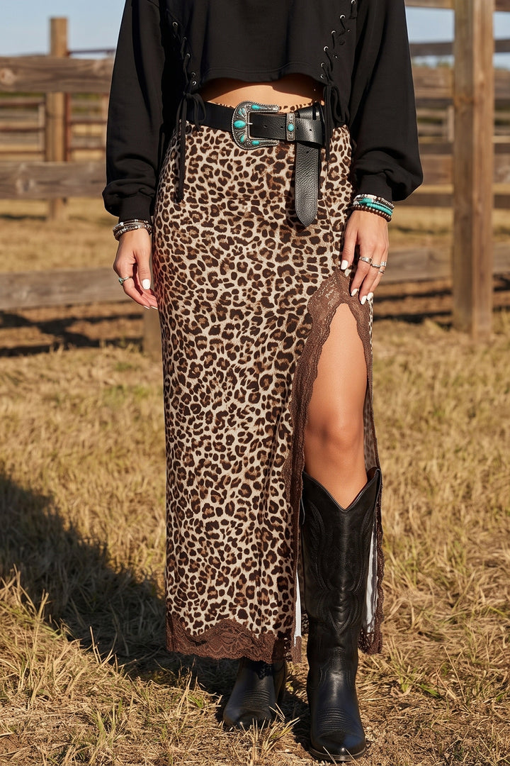 Brown Cheetah Print Trim Split Long Western Skirt
