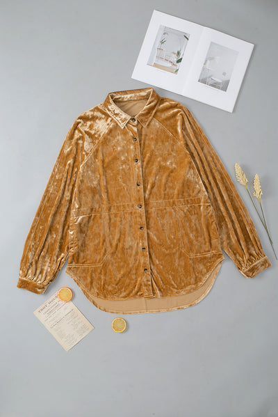 Gold Solid Color Button Up Loose Fit Velvet Shirt