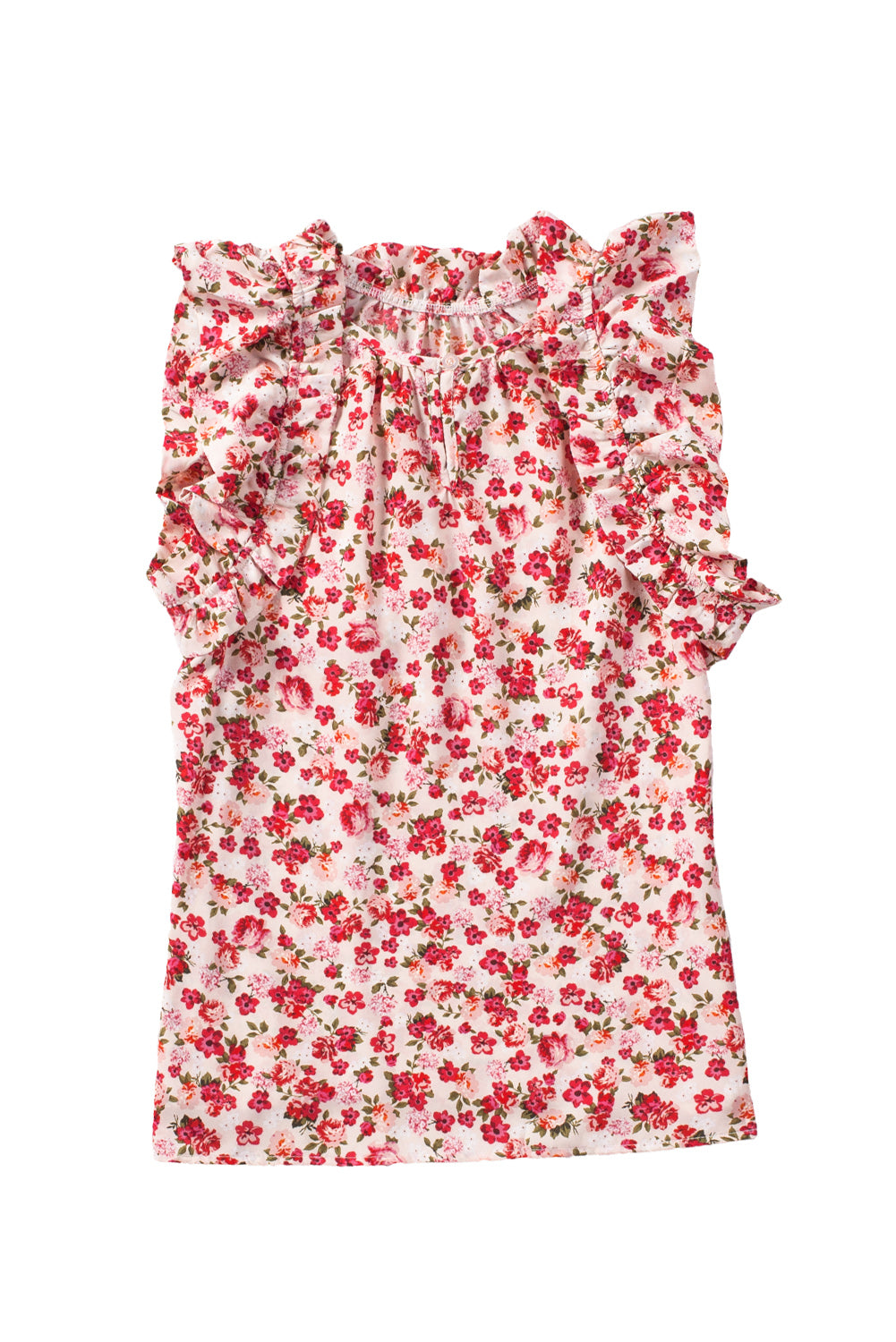 Fiery Red Floral Print Ruffled Mock Neck Sleeveless Top