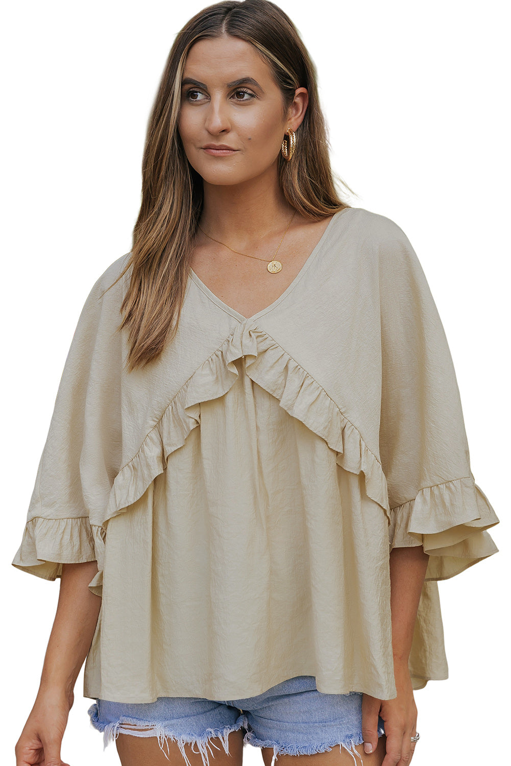 Apricot V Neck Draped Batwing Sleeve Ruffle Blouse