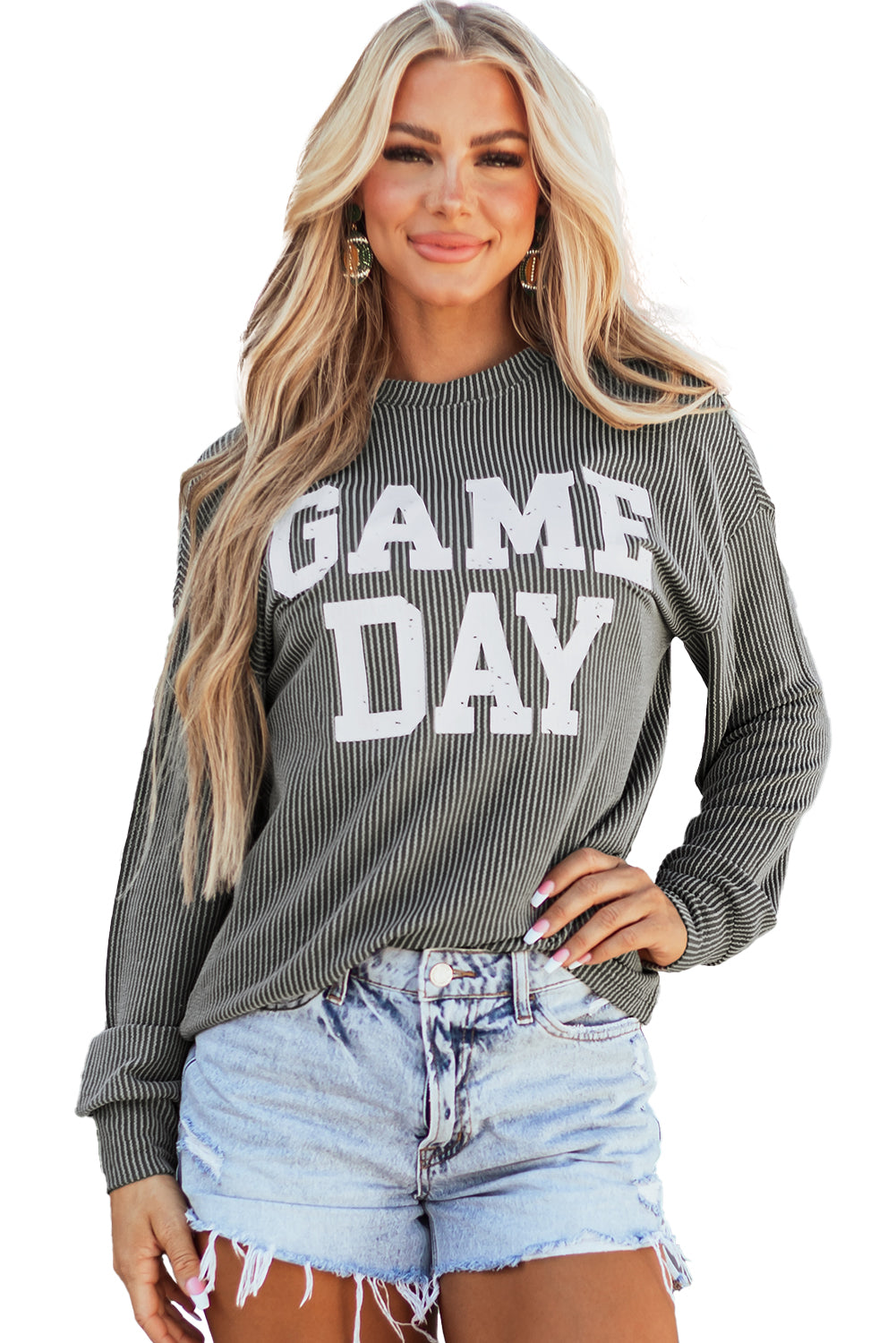 Dark Grey Corded GAME DAY Graphic Long Sleeve Crewneck Top