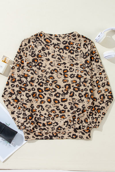 Brown Leopard Bleached Raglan Sleeve Pullover Sweatshirt